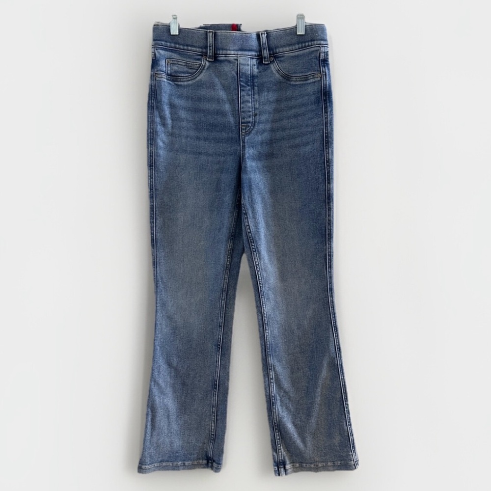 Spanx Women's High Rise Kick Flare Jeans Medium Tall Blue Stretch Pull-On Denim - Picture 2 of 9